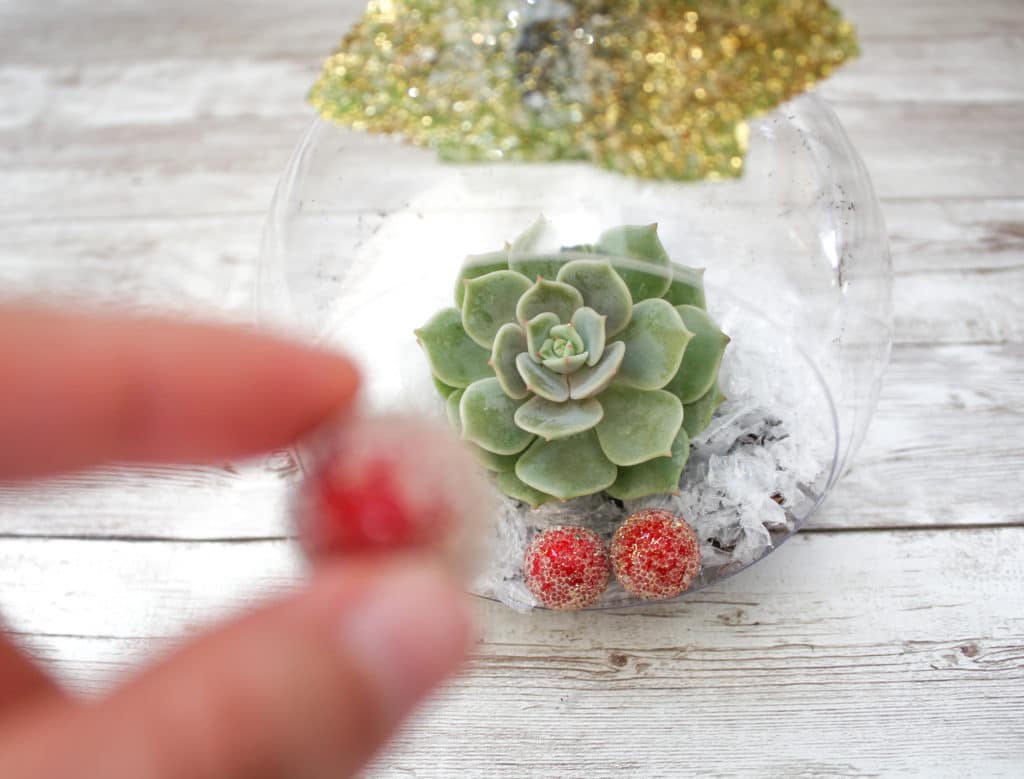 Filling the Christmas tree ornament with the succulent and decorative red beads for the DIY succulent Christmas ornaments!