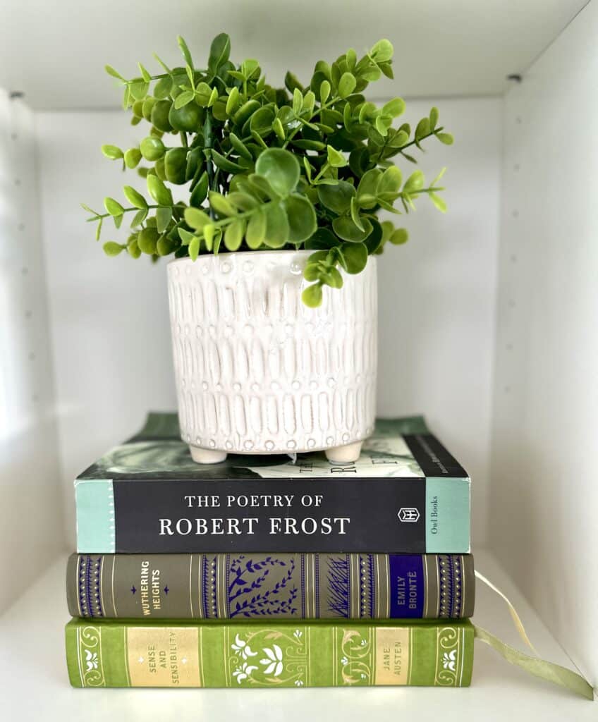 Paperback books by Jane Austen, Emily Bronte, and Robert Frost, laying under a faux plant pot.