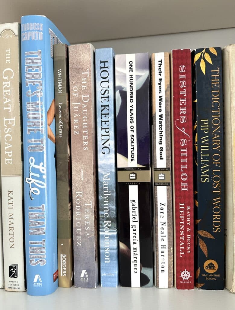 Nine paperback books standing upright inside white bookcase.