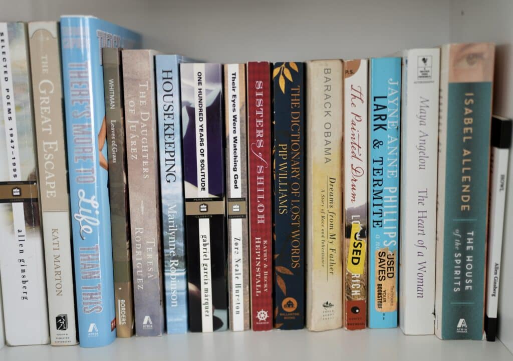 Various paperback books. Works of fiction standing vertically in white bookcase.