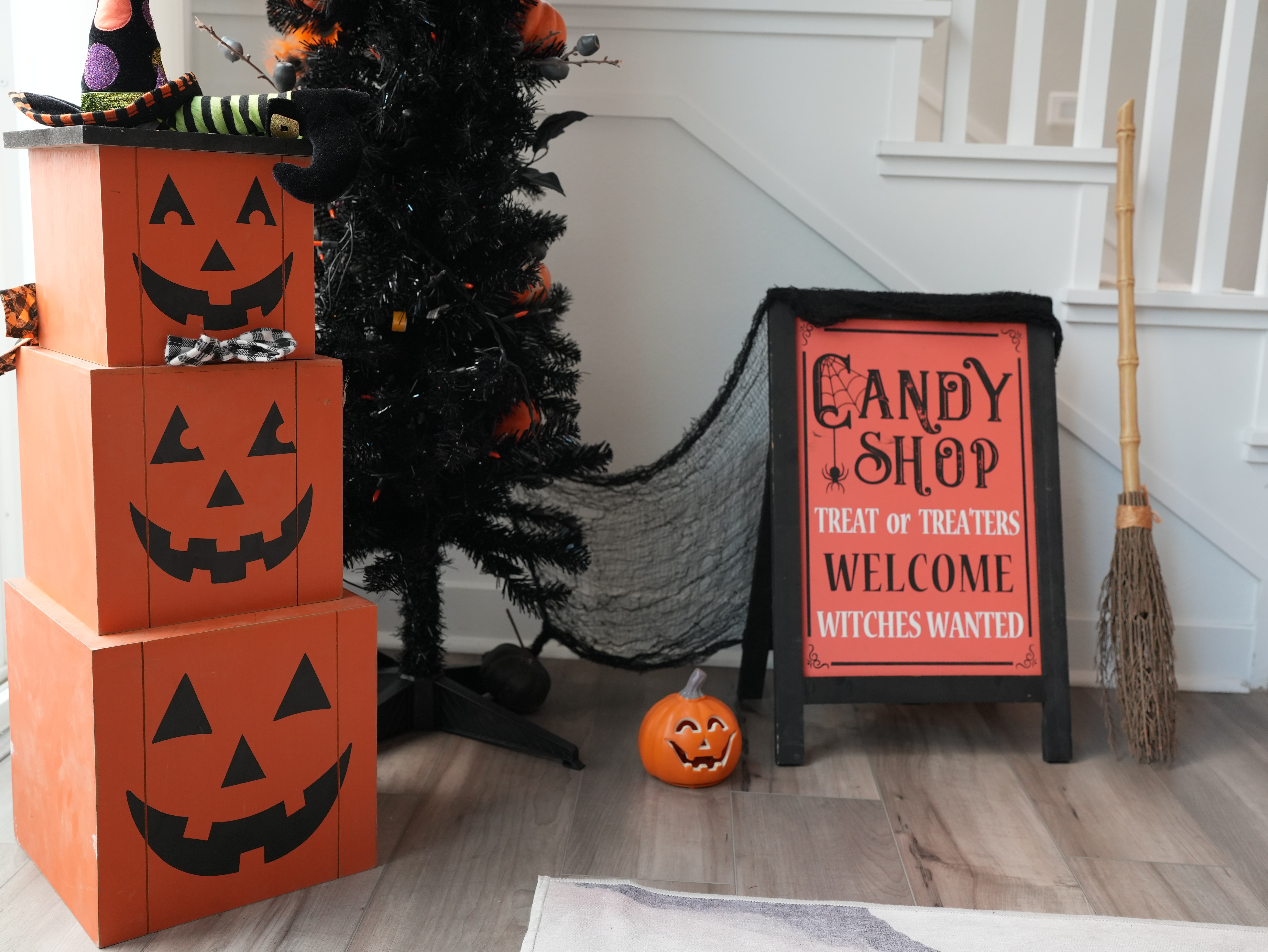 Halloween signs and black tree decor