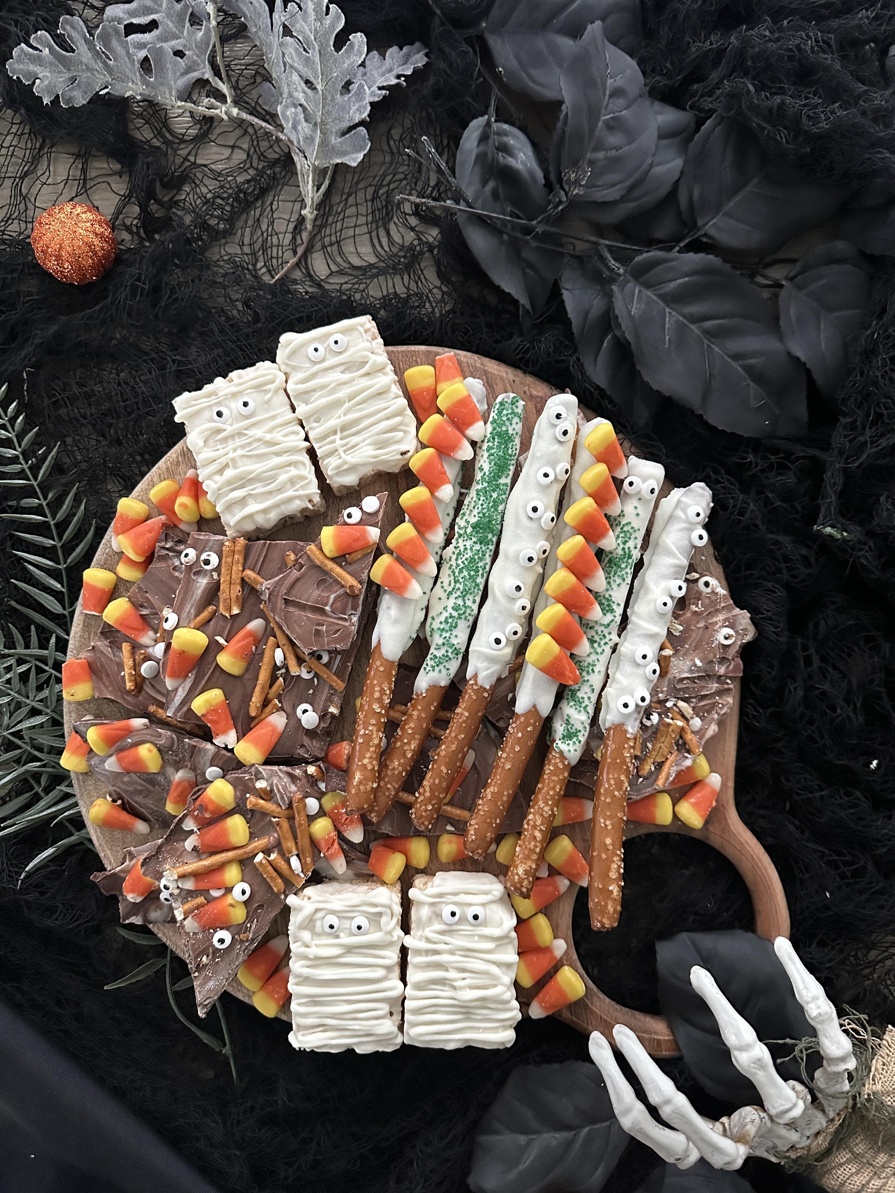 Halloween Charbooterie Dessert Board on black cloth