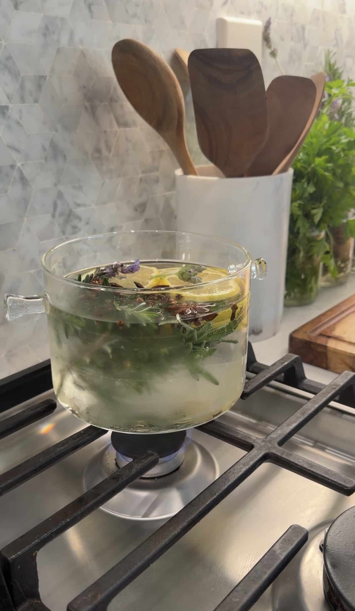 Simmer Pot with lemon and herbs simmering on the stove